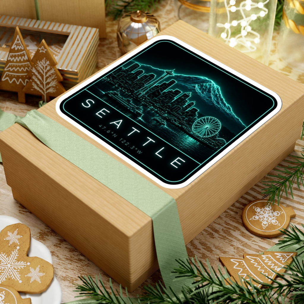 Square neon teal Seattle skyline sticker with mountain ridge, ferris wheel, SEATTLE and coordinates