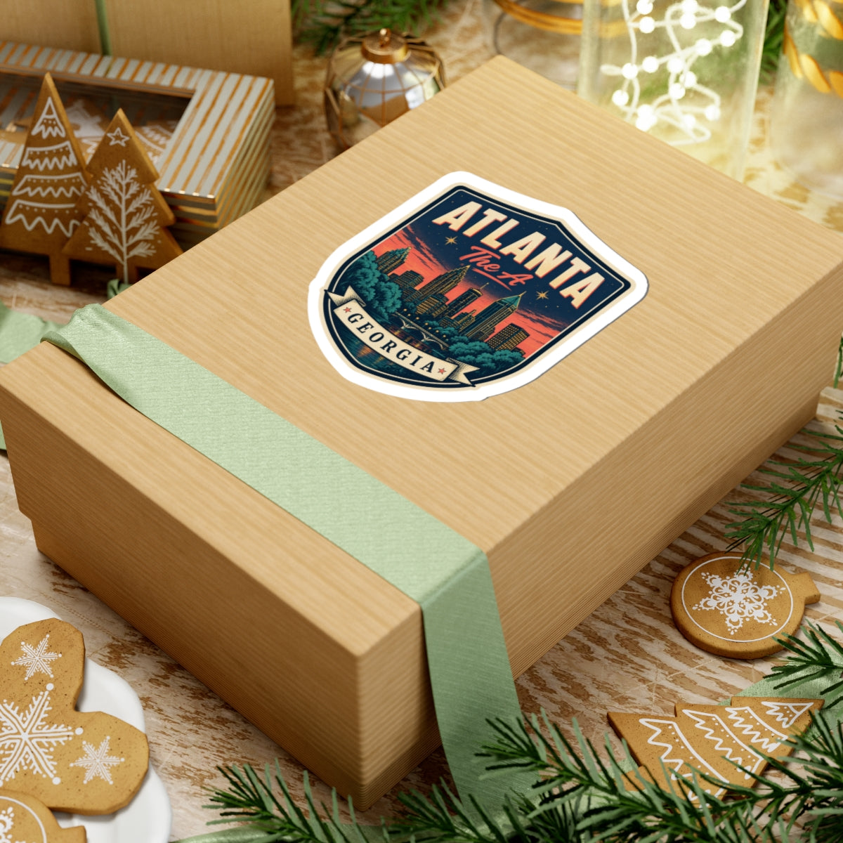 Atlanta Georgia luggage tag sticker on gift box, shield badge with 'GEORGIA' banner