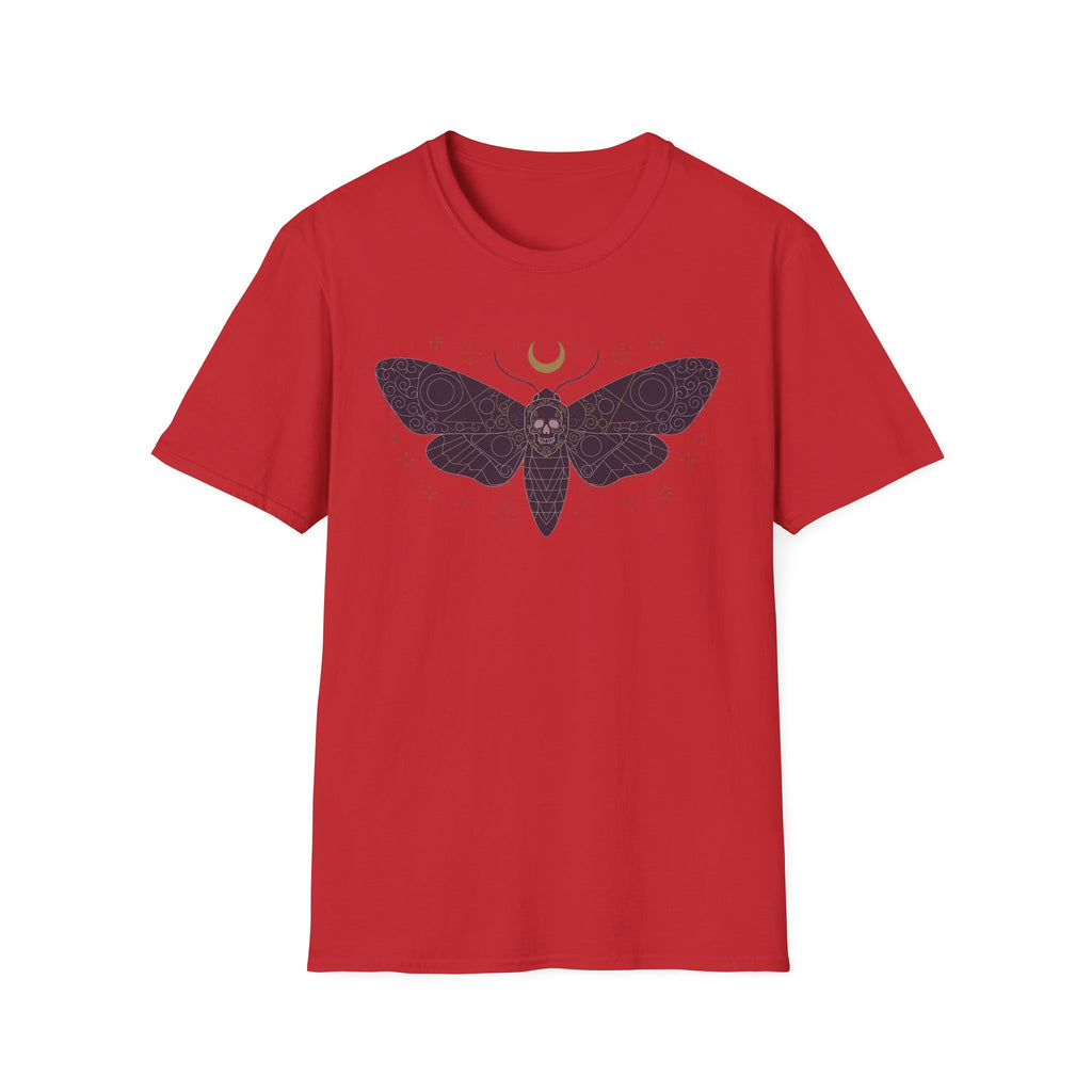 Red moth skull graphic T-shirt with crescent moon print