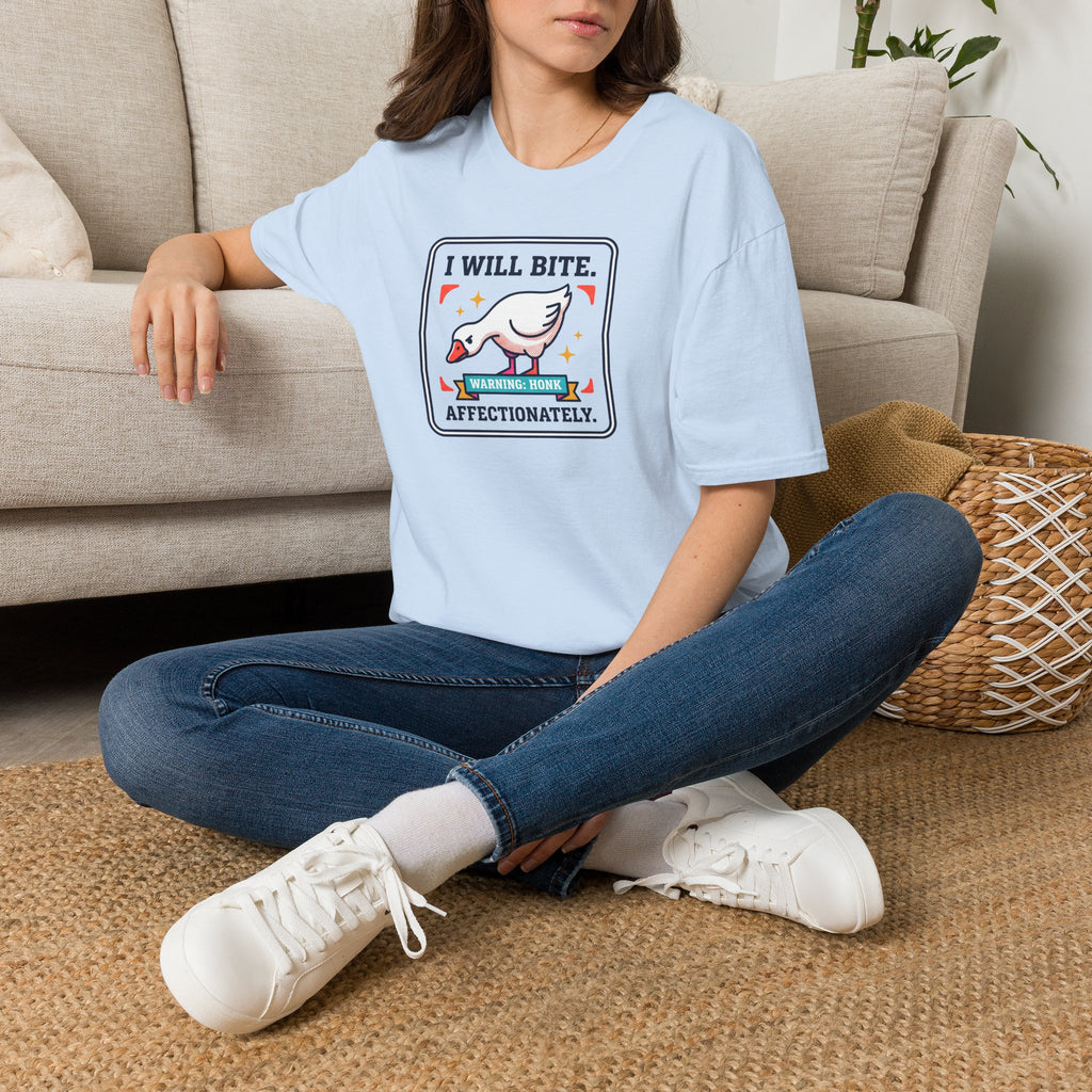 Light blue T-shirt with goose warning graphic and 'I will bite' text