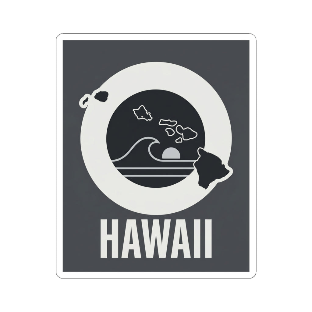 Square kiss-cut sticker showing white circular ocean wave graphic and HAWAII text