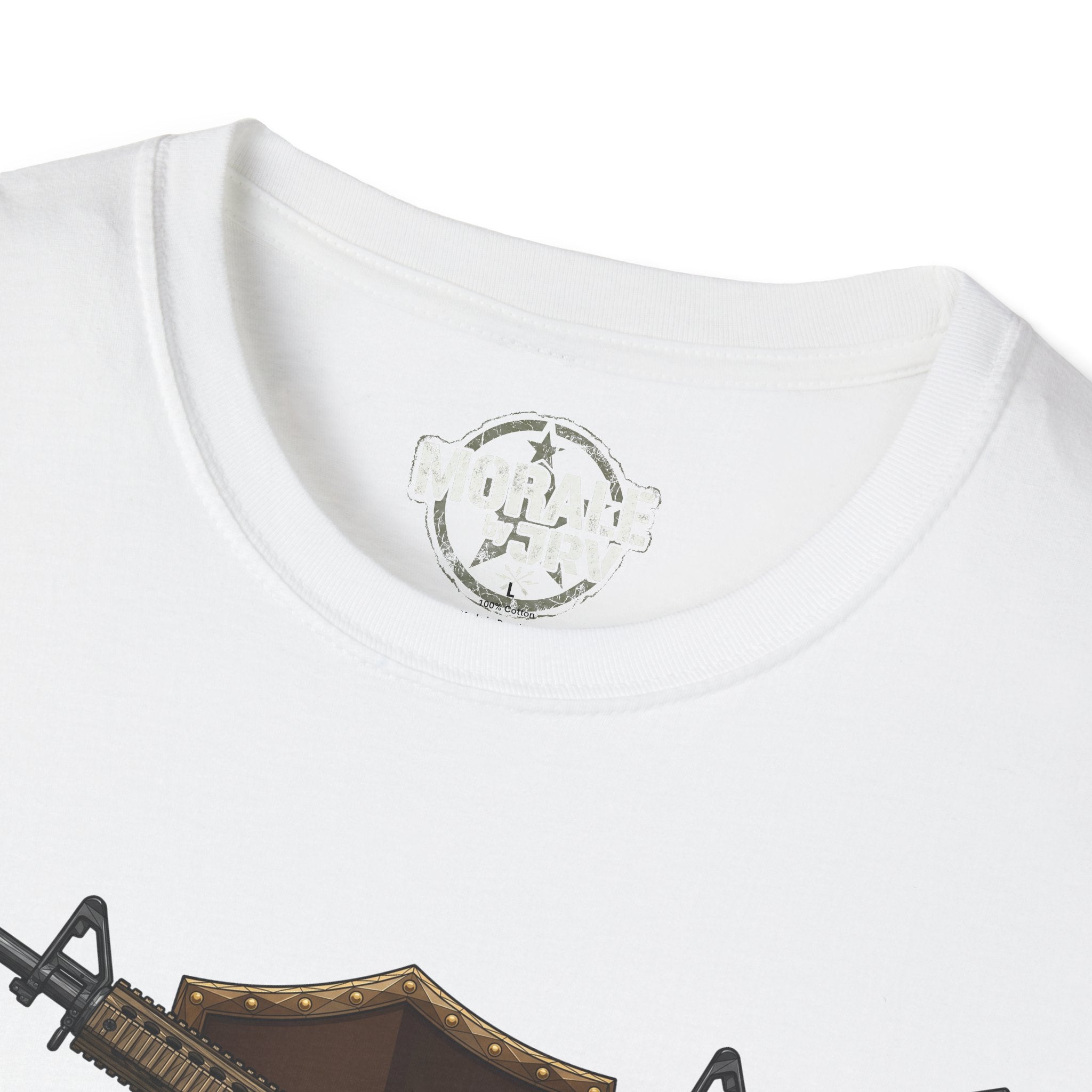 White t-shirt neckline with small emblem and partial rifle graphic below
