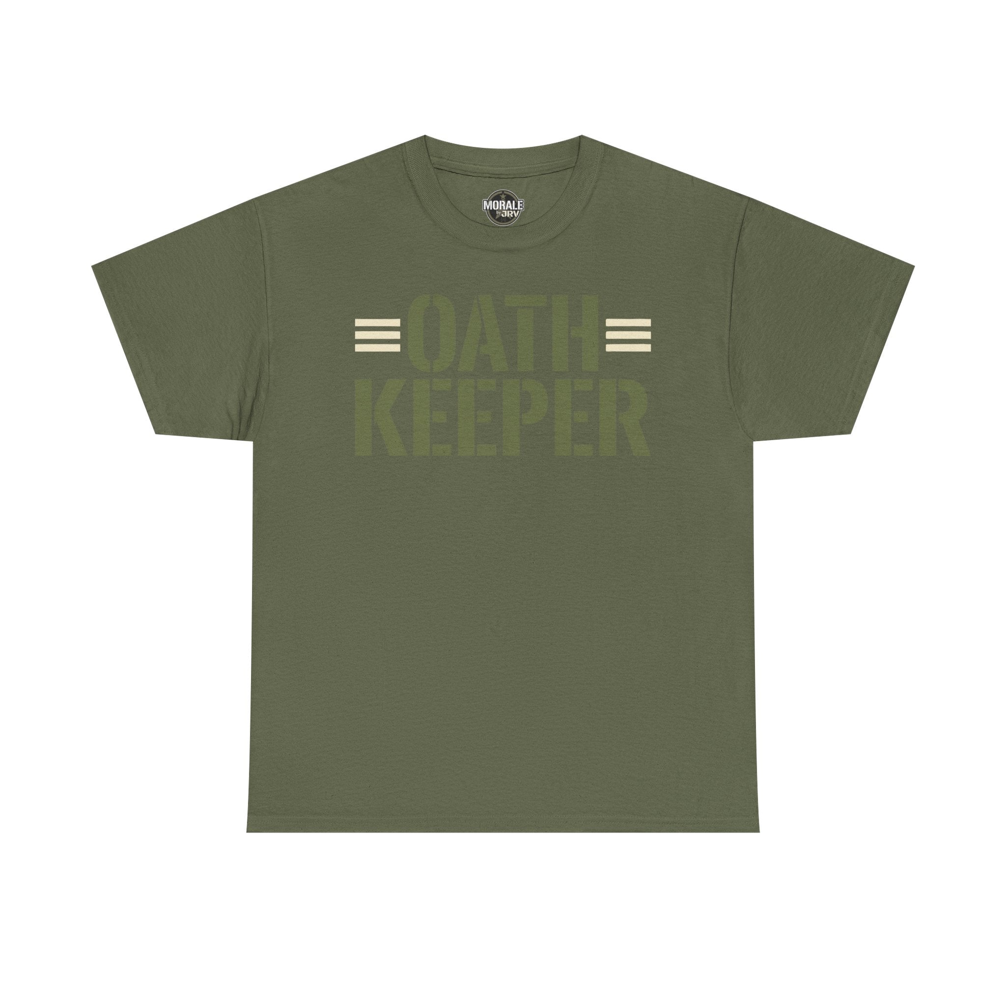 Military green T-shirt with crew neck and large "OATH KEEPER" front graphic print