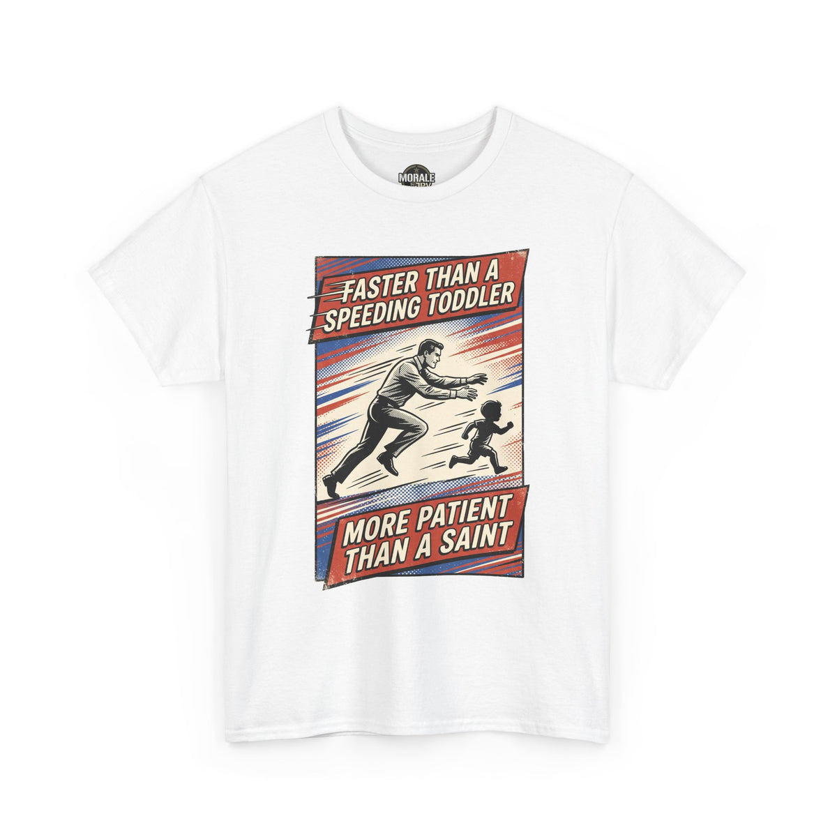 White T-shirt with retro comic-style dad parenting graphic, front view