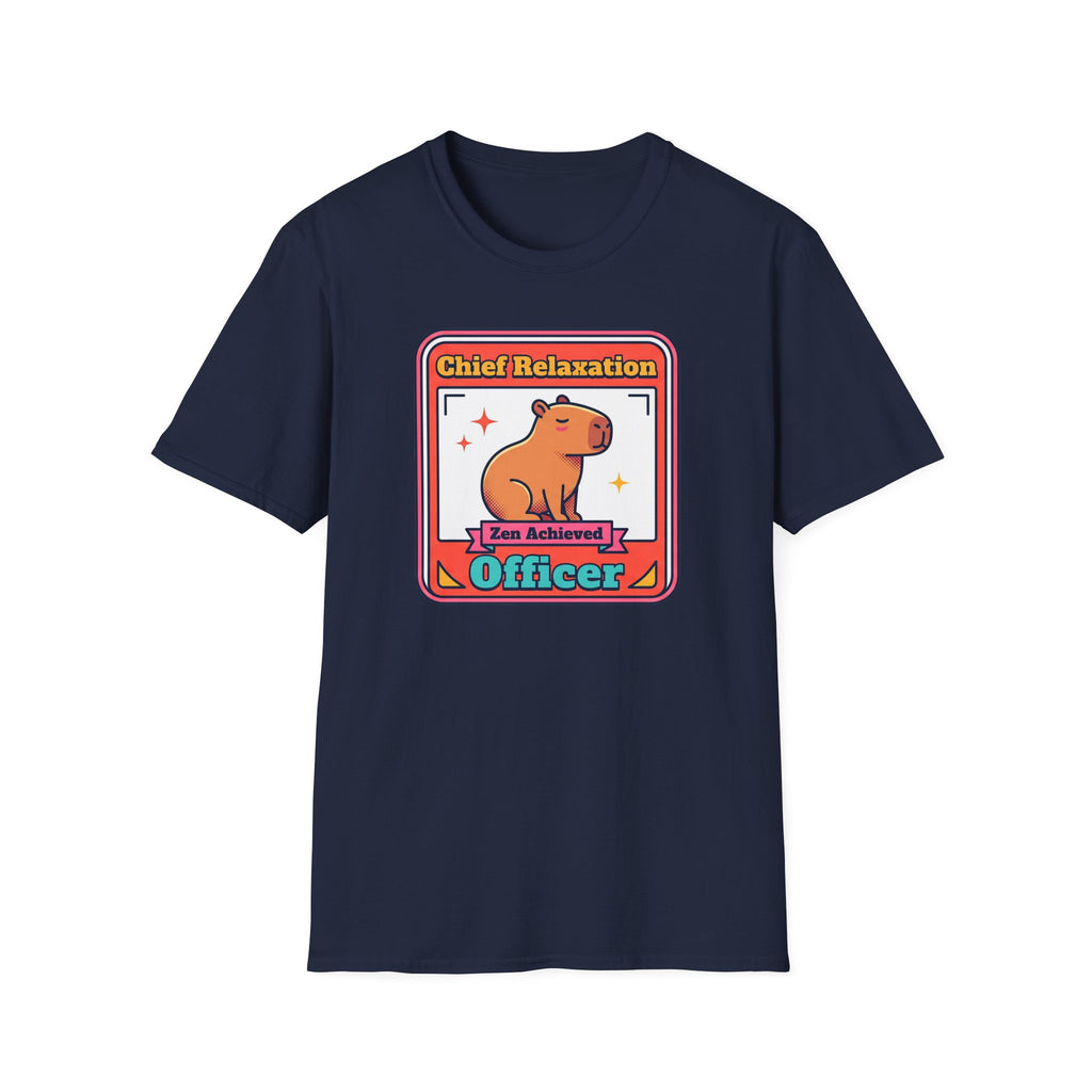 Navy T-shirt front with framed “Chief Relaxation Officer” capybara graphic