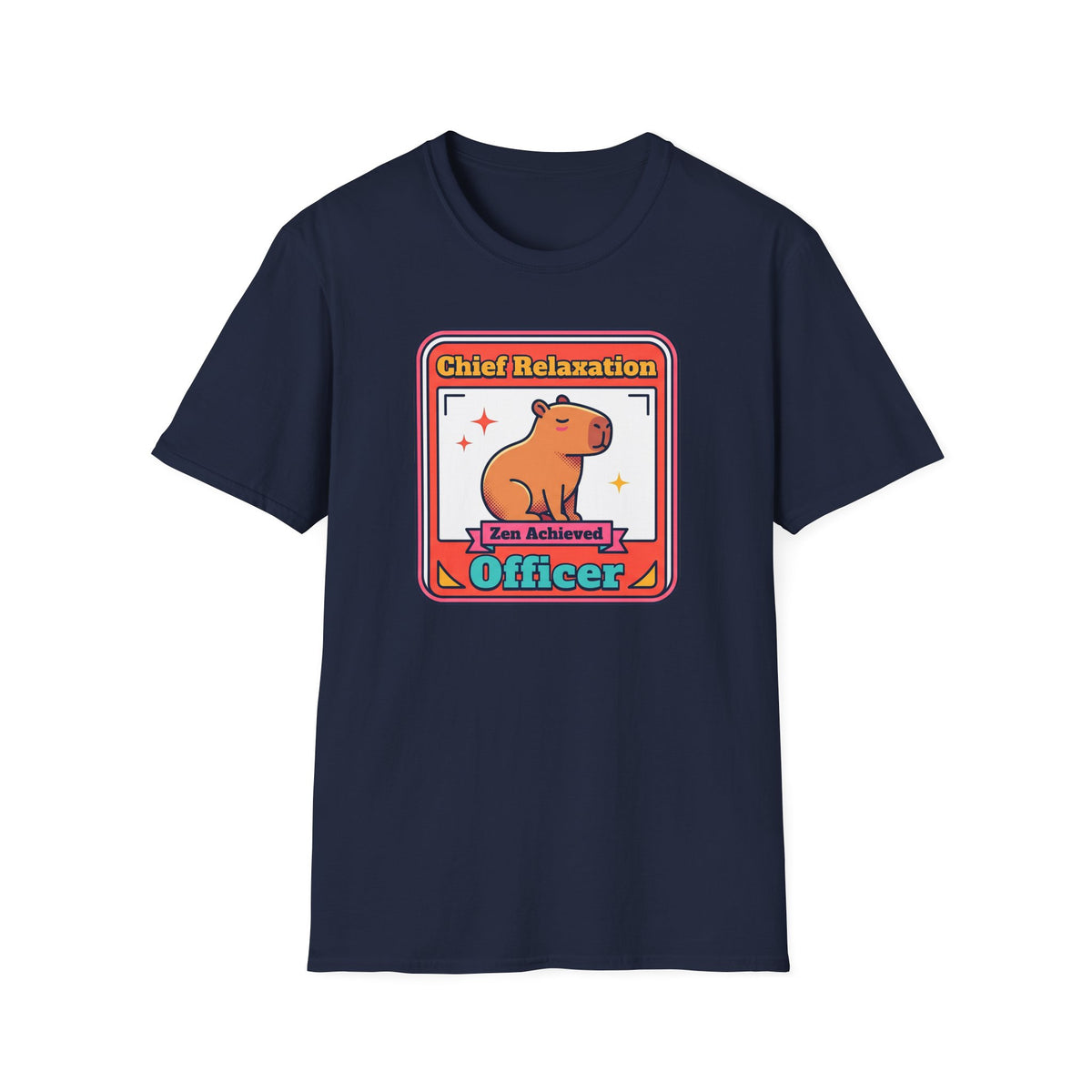 Navy T-shirt front with framed “Chief Relaxation Officer” capybara graphic