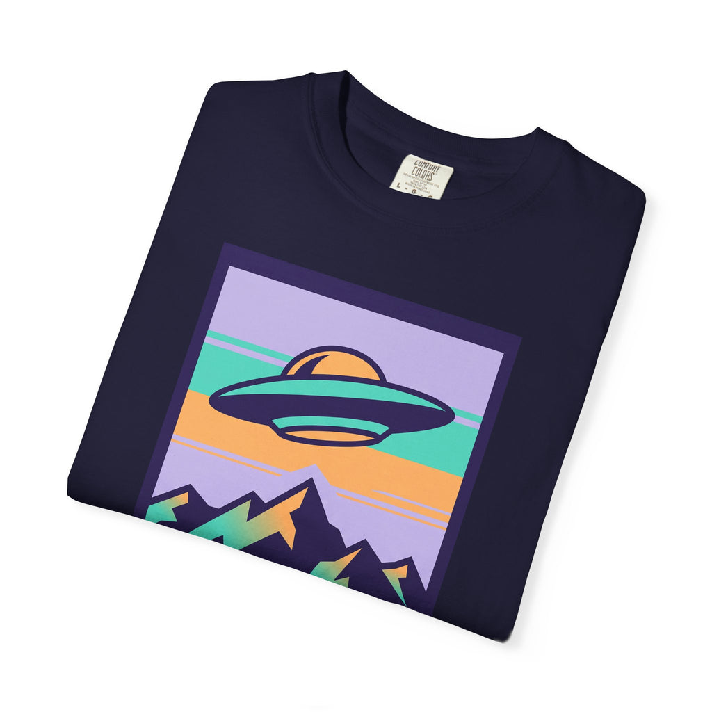 Dark navy T-shirt with retro UFO and space landscape graphic on the chest