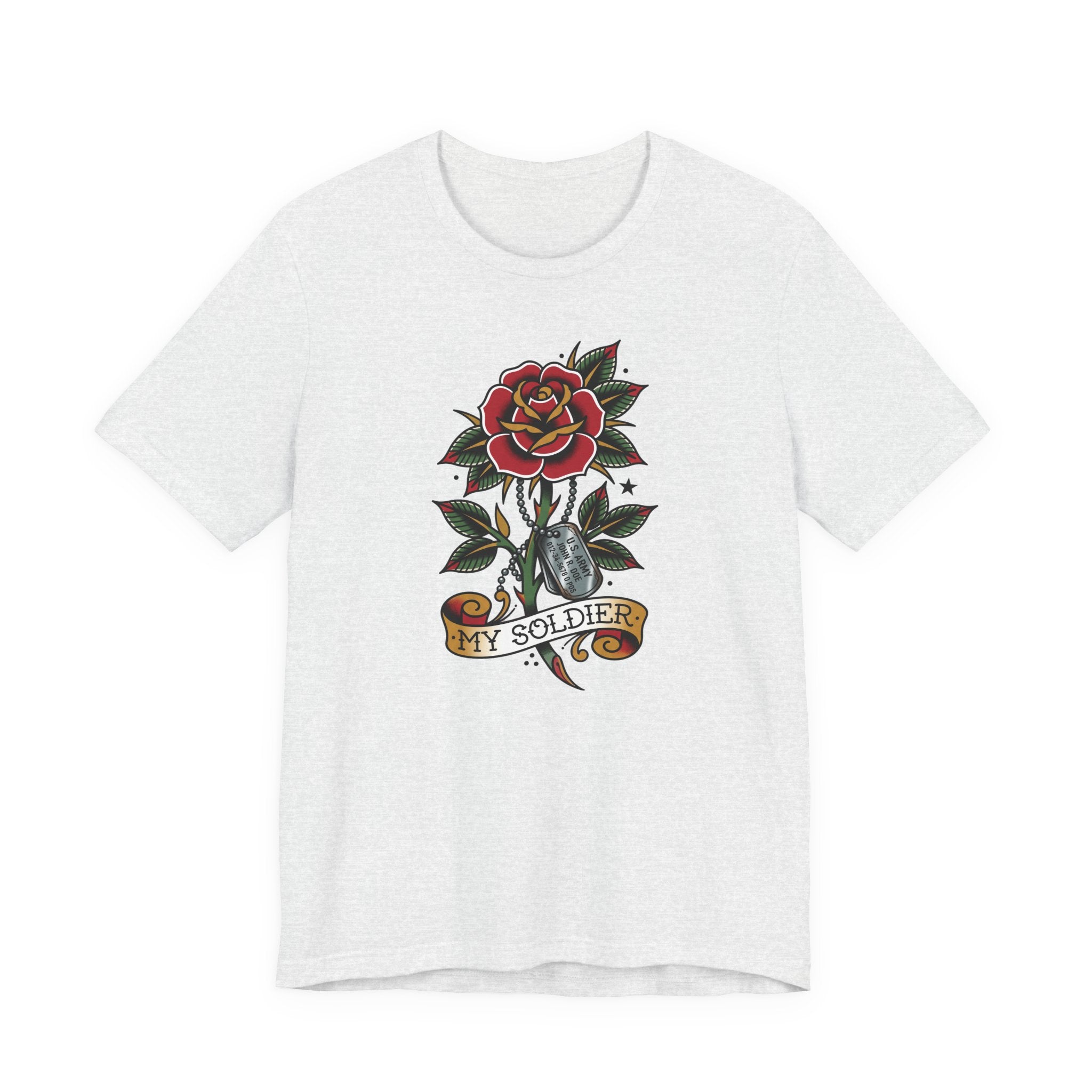 Light grey crewneck t-shirt with rose and dog tag graphic, My Soldier emblem.
