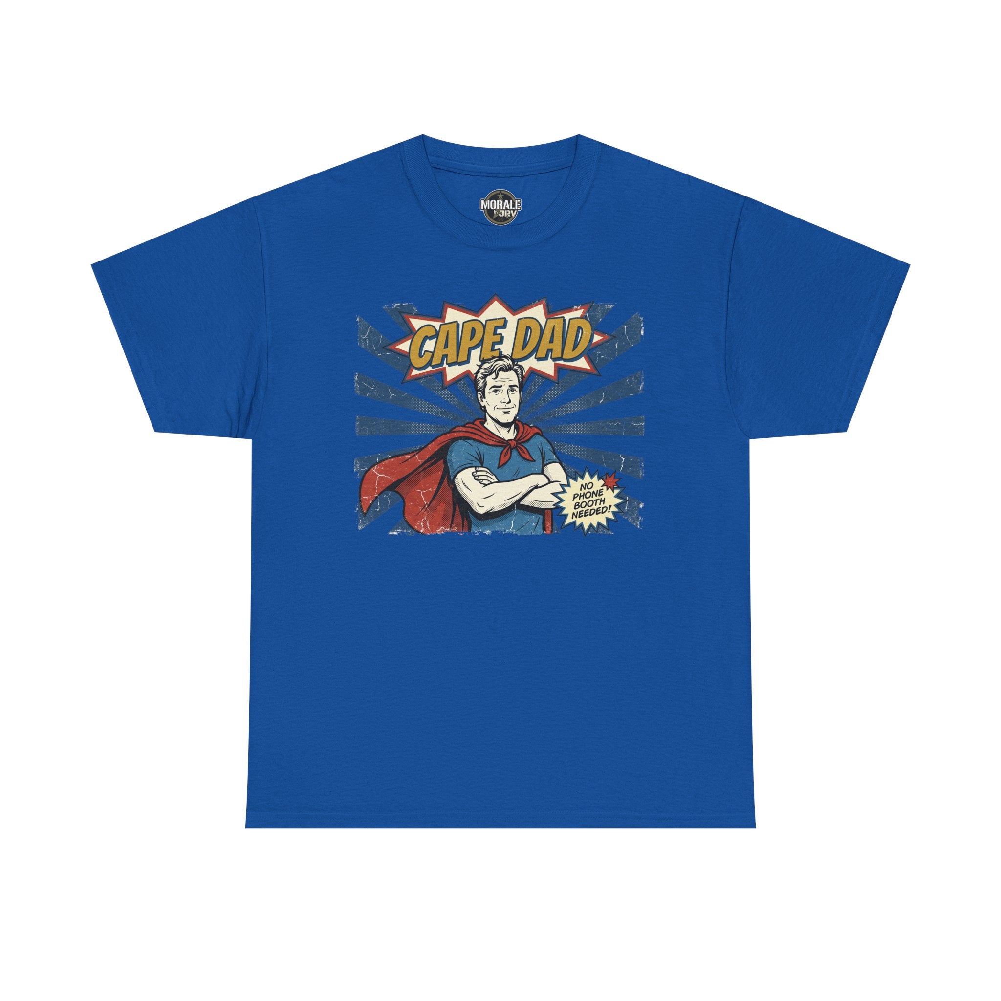 Cape Dad T‑shirt, bright blue, comic hero 'Cape Dad' print