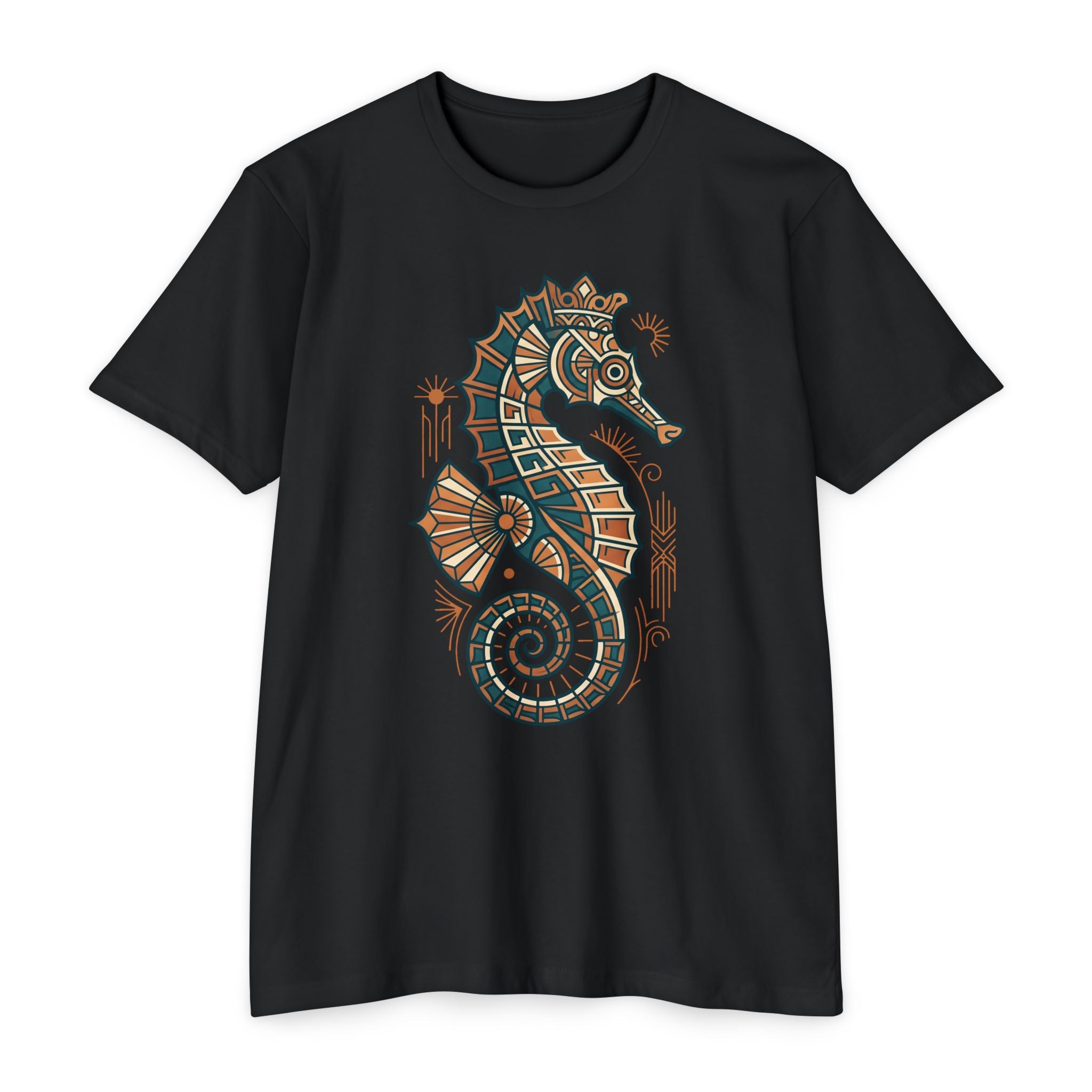 Unisex black T-shirt with colorful seahorse mosaic graphic on front