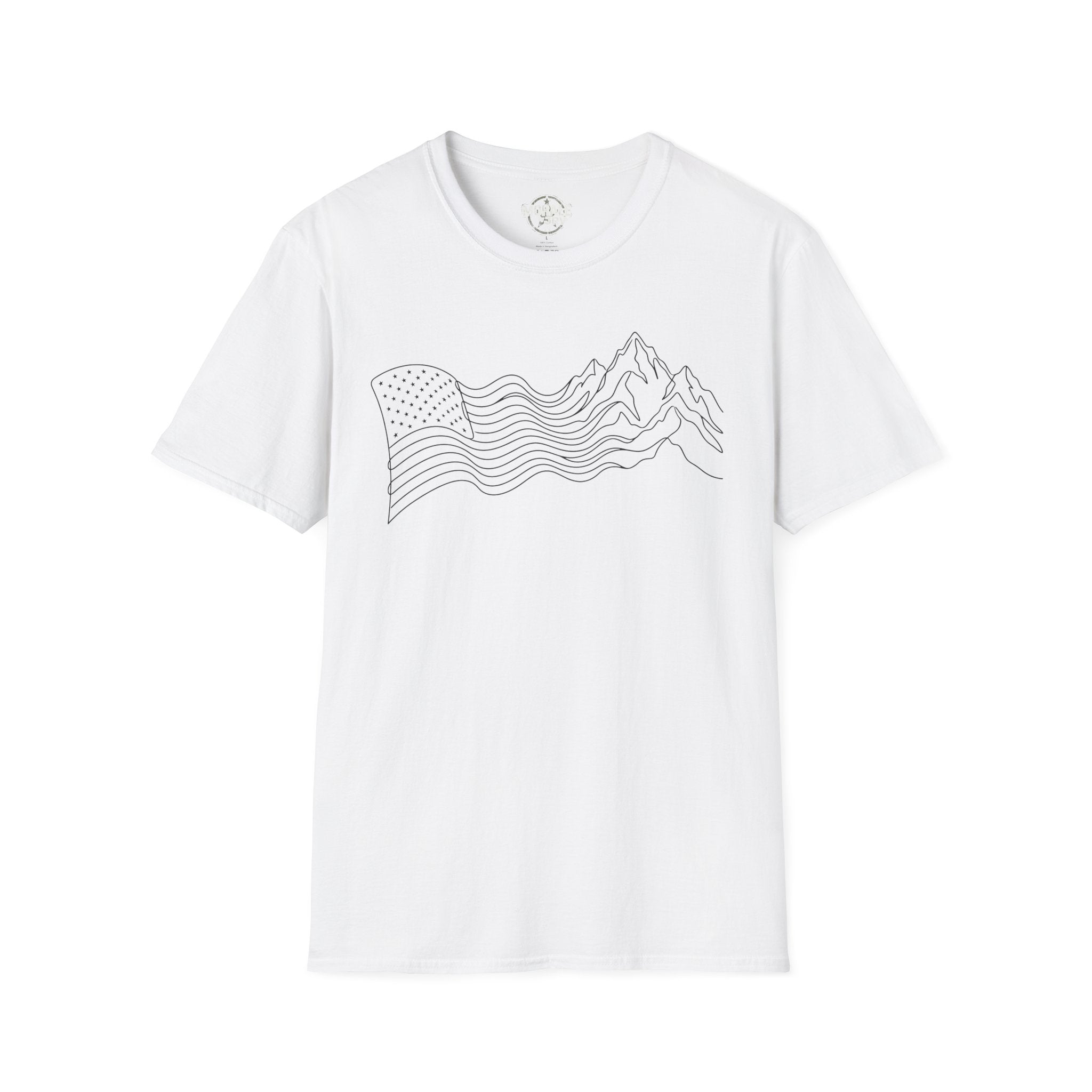 White T-shirt with minimalist mountain wave line art on the front