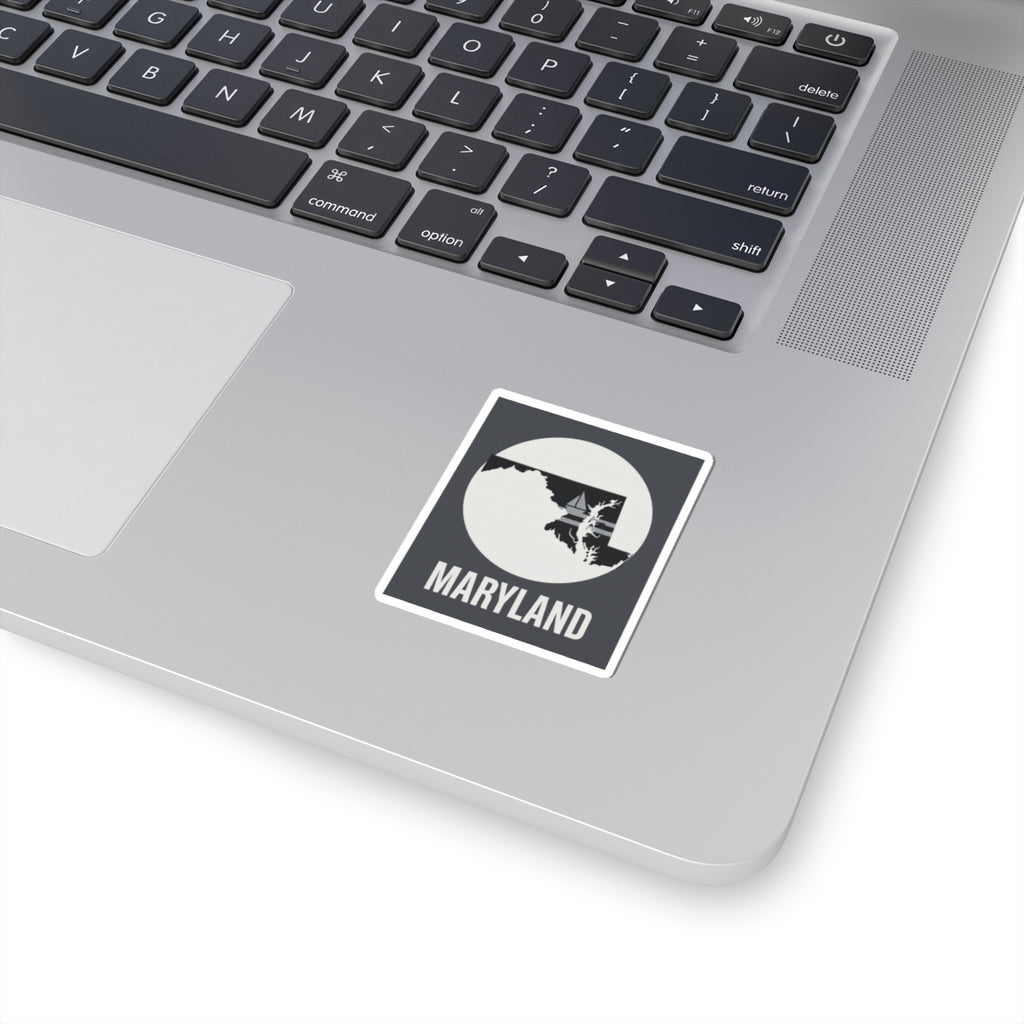 Maryland state map sticker with dark circle graphic and white border, square kiss-cut design