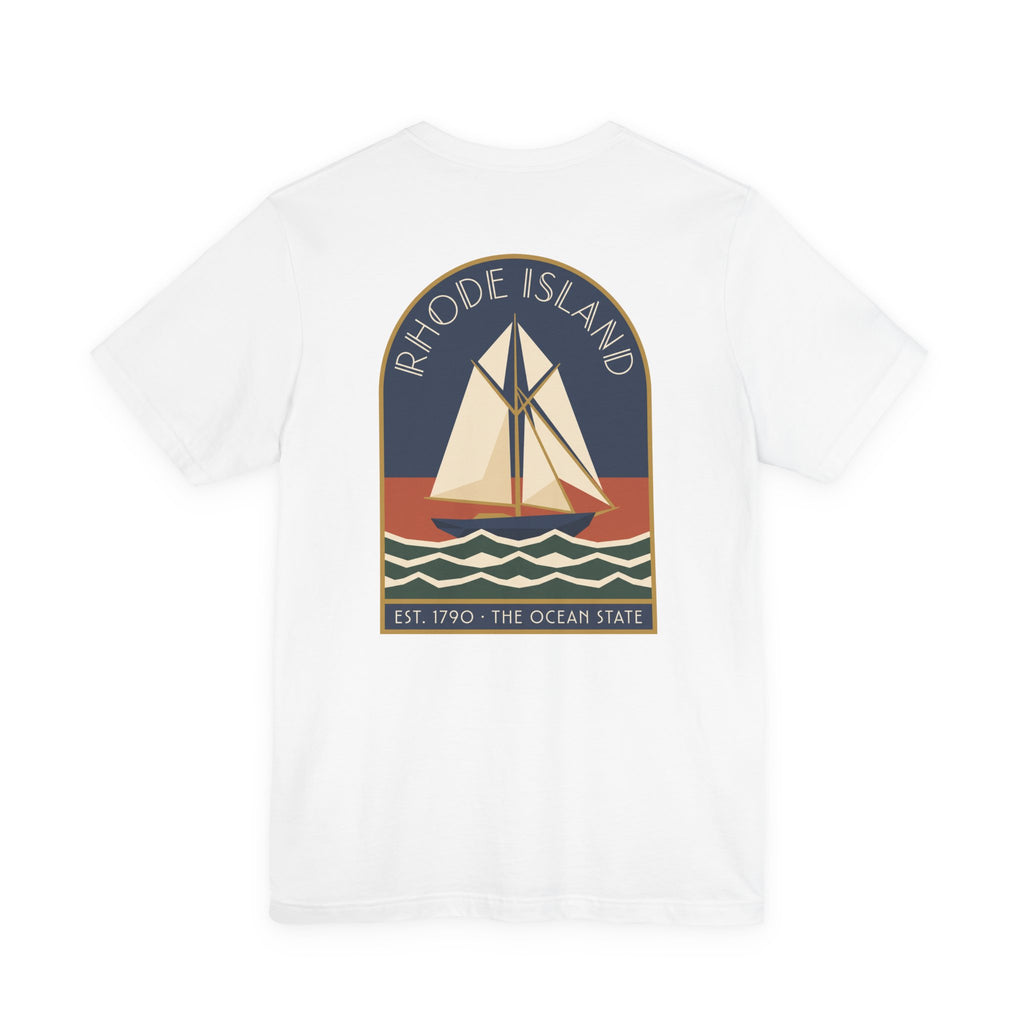 White crew-neck T-shirt with large back sailboat graphic in bordered rectangle