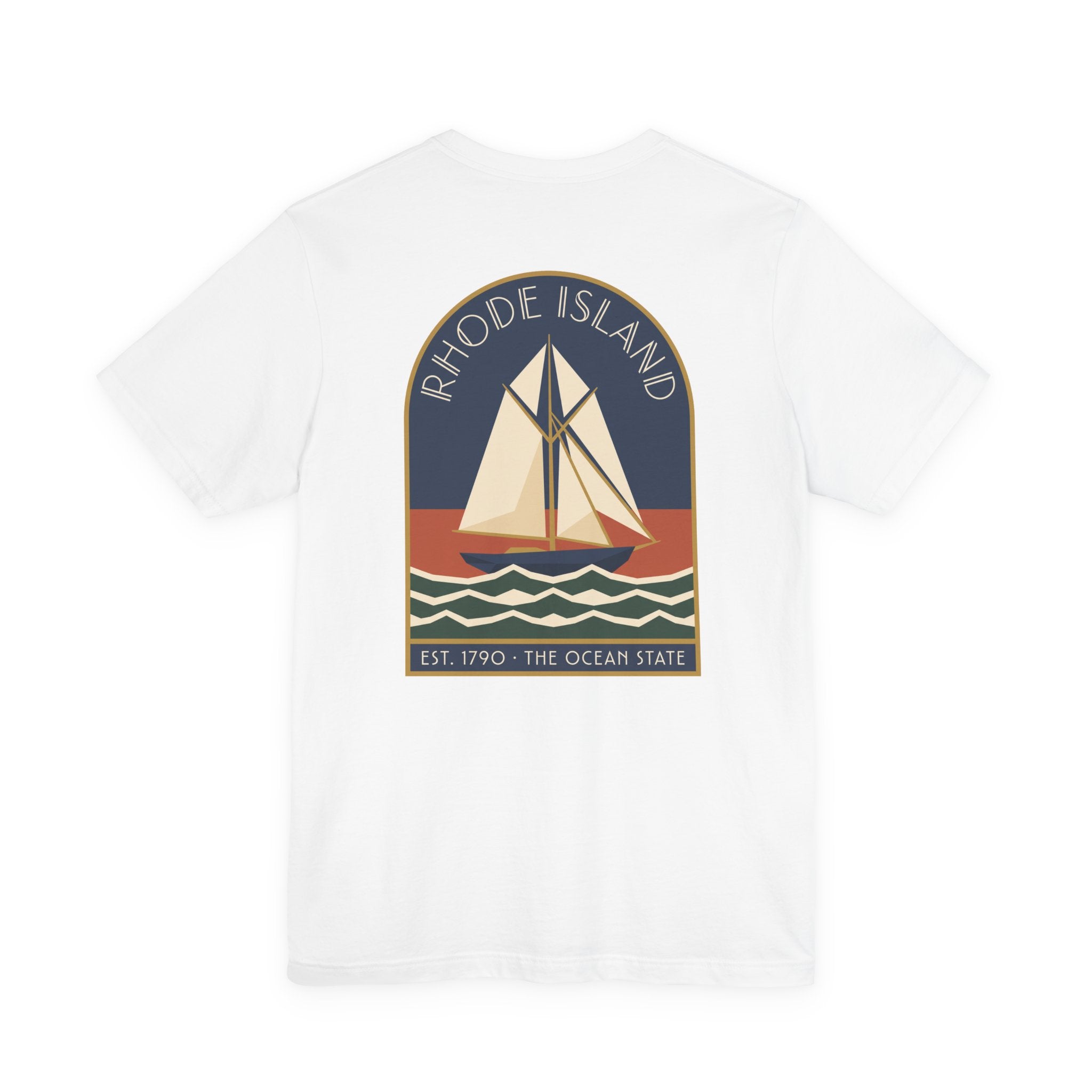 White crew-neck T-shirt with large back sailboat graphic in bordered rectangle