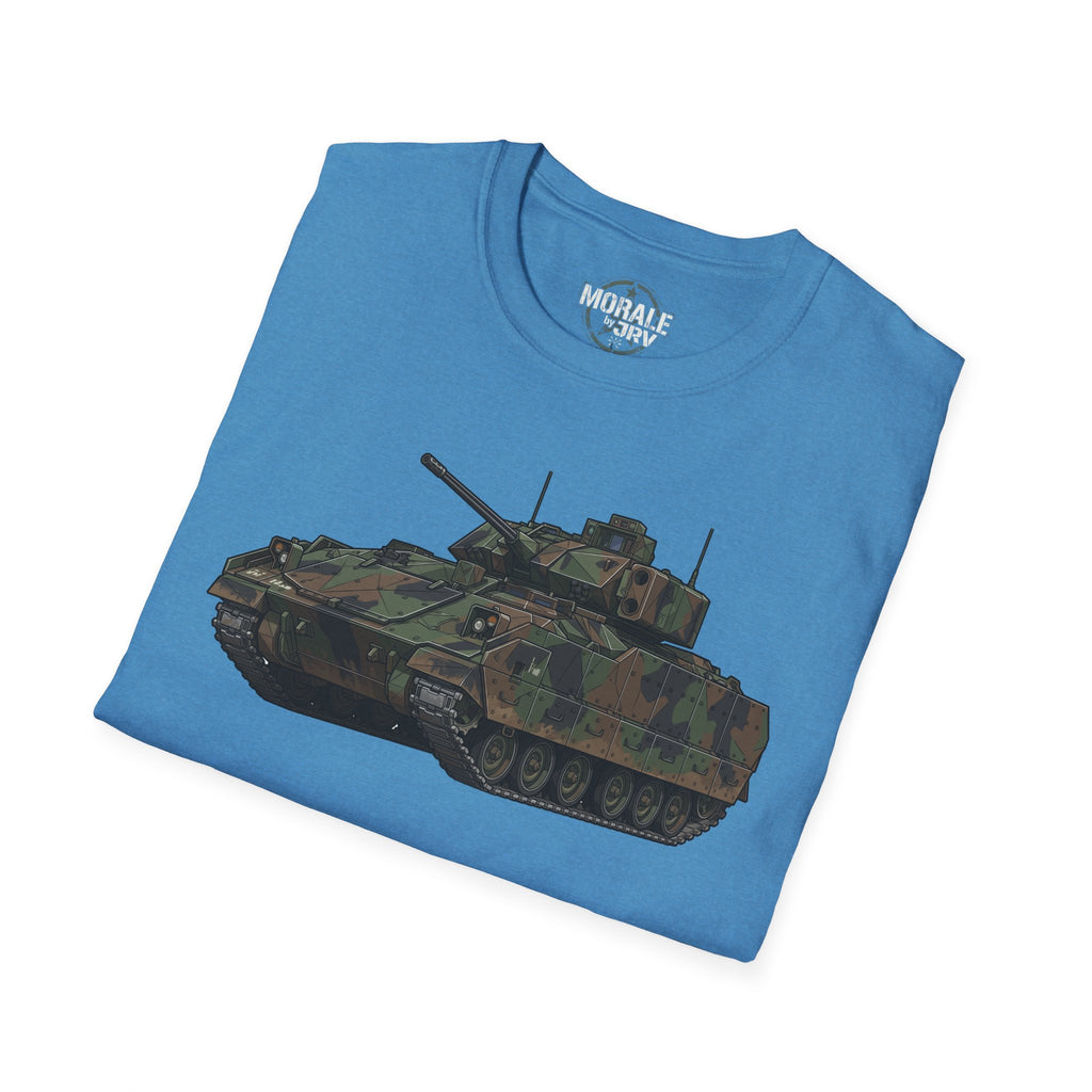 Bradley Fighting Vehicle camo tank T-shirt, tank graphic on blue (close view)
