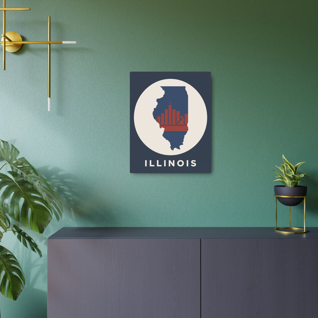 Illinois wall art sign with circular design and Chicago skyline, blue and red