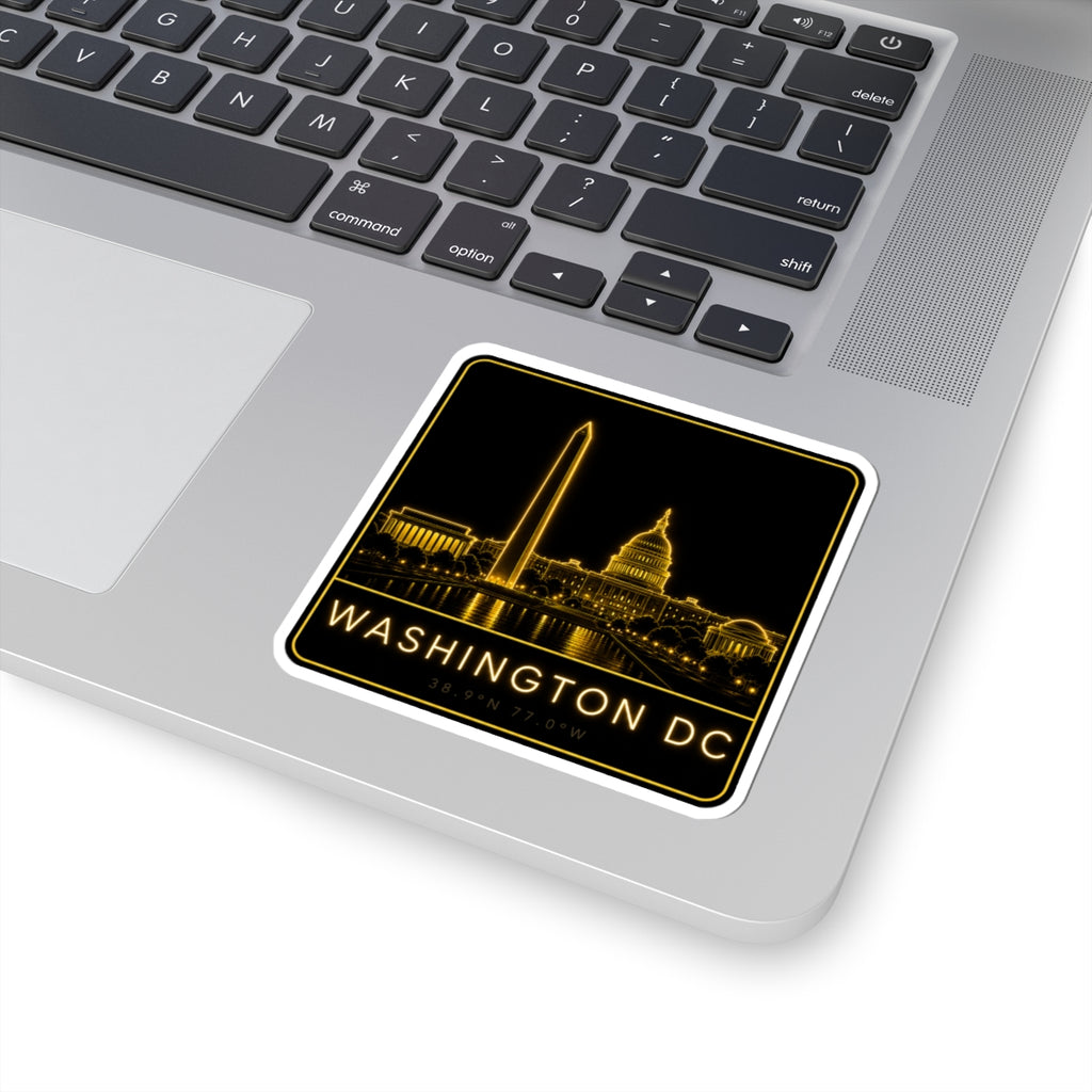 Washington DC neon skyline kiss-cut sticker, gold Capitol dome, Washington Monument, “WASHINGTON DC”
