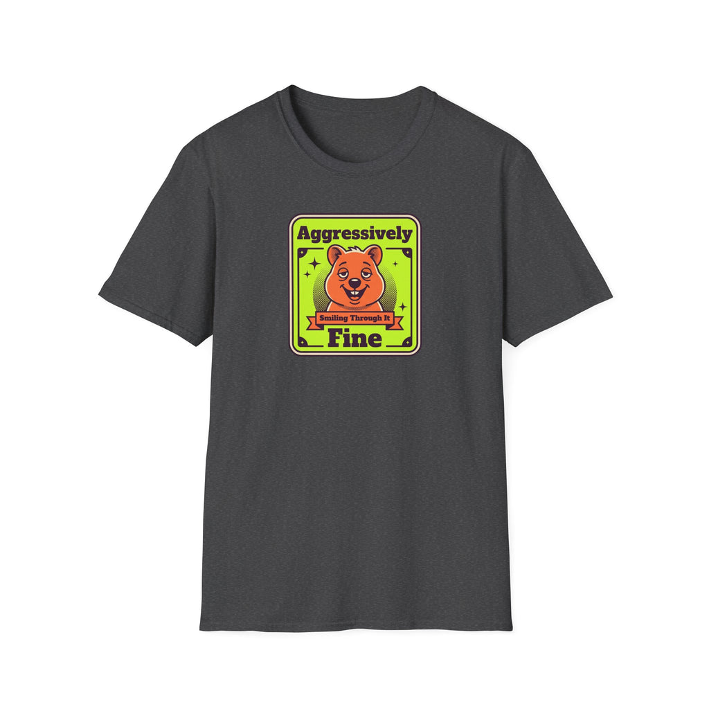 Dark gray T-shirt with framed cartoon bear graphic in neon colors