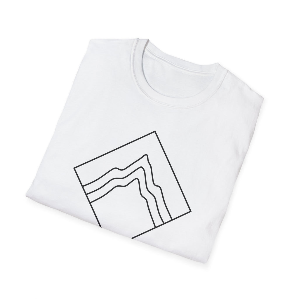 White T-shirt with mountain badge graphic, folded view
