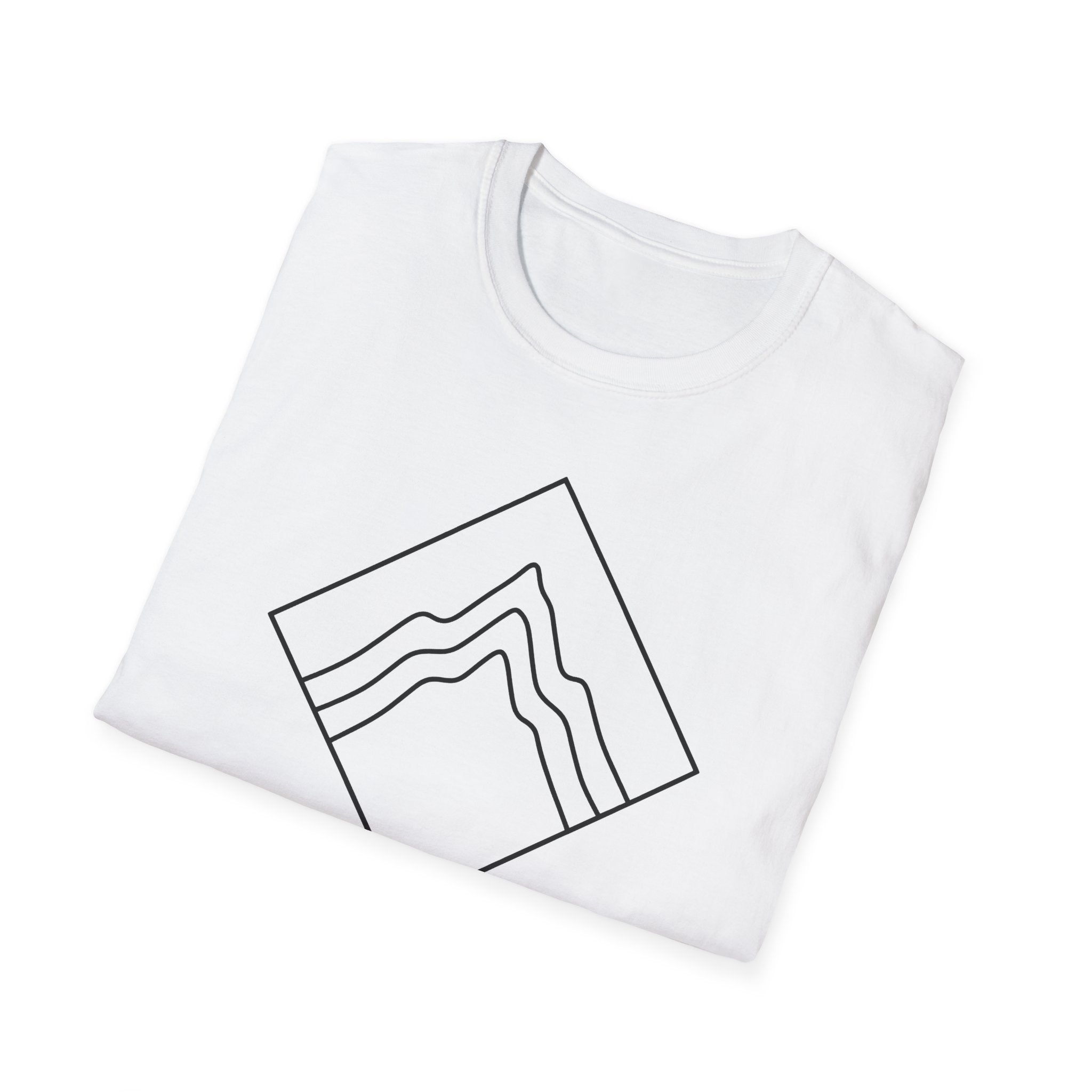 White T-shirt with mountain badge graphic, folded view