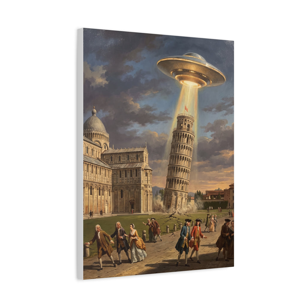 Square stretched canvas print featuring a gold UFO above the Leaning Tower in a city scene