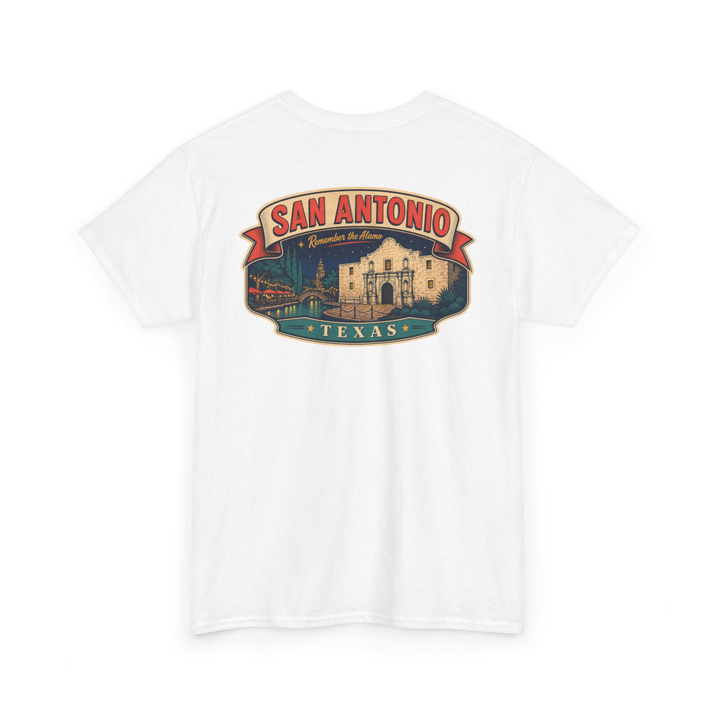White crewneck T-shirt with San Antonio Texas city badge graphic