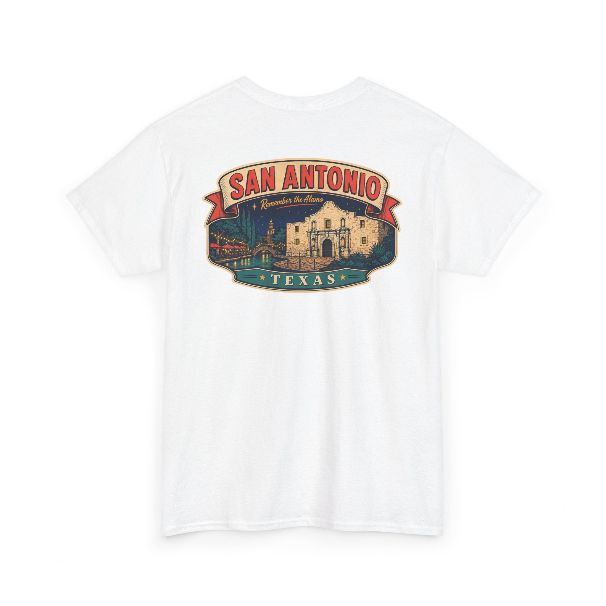 White crewneck T-shirt with San Antonio Texas city badge graphic
