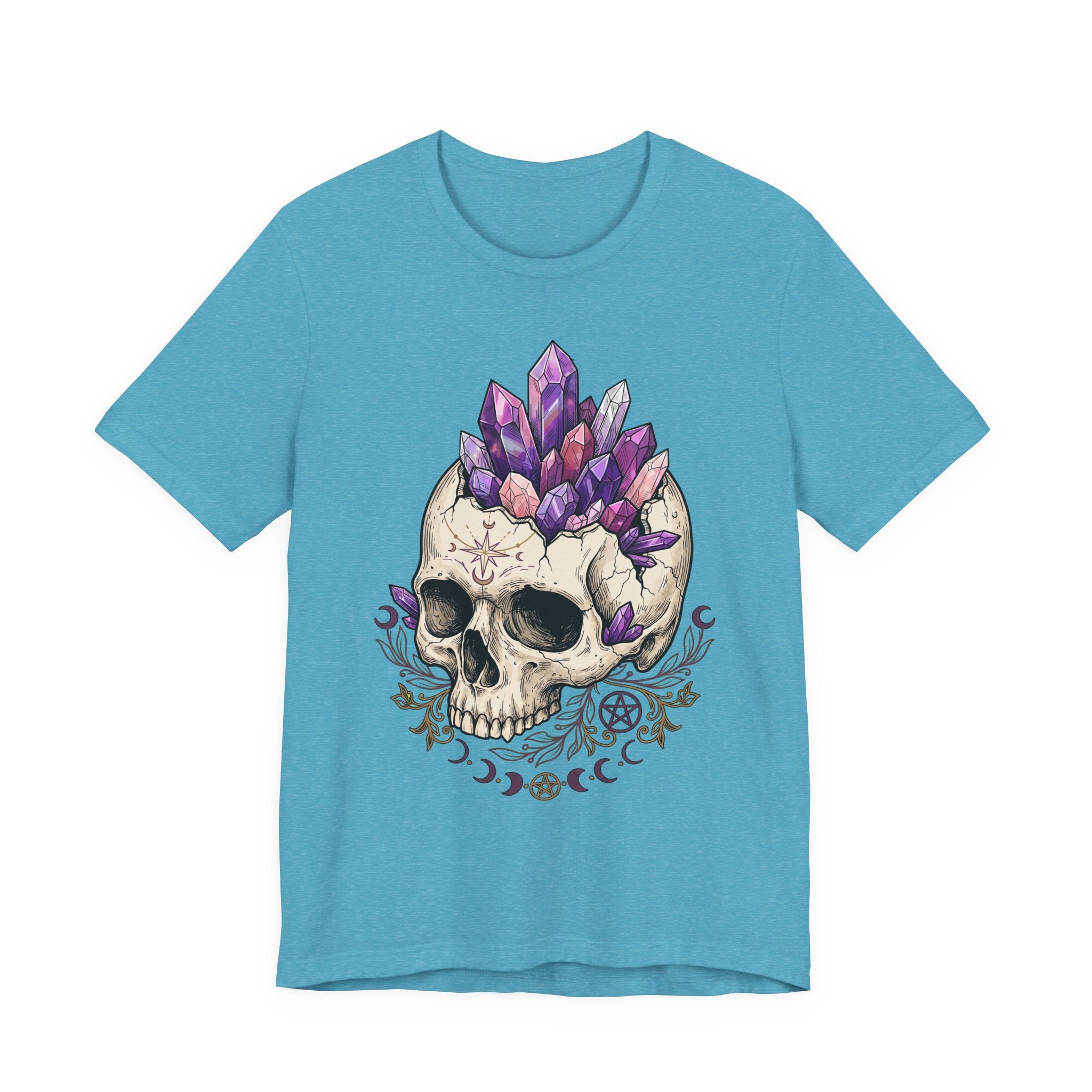 Heather aqua unisex T-shirt showing purple amethyst crystal skull front print