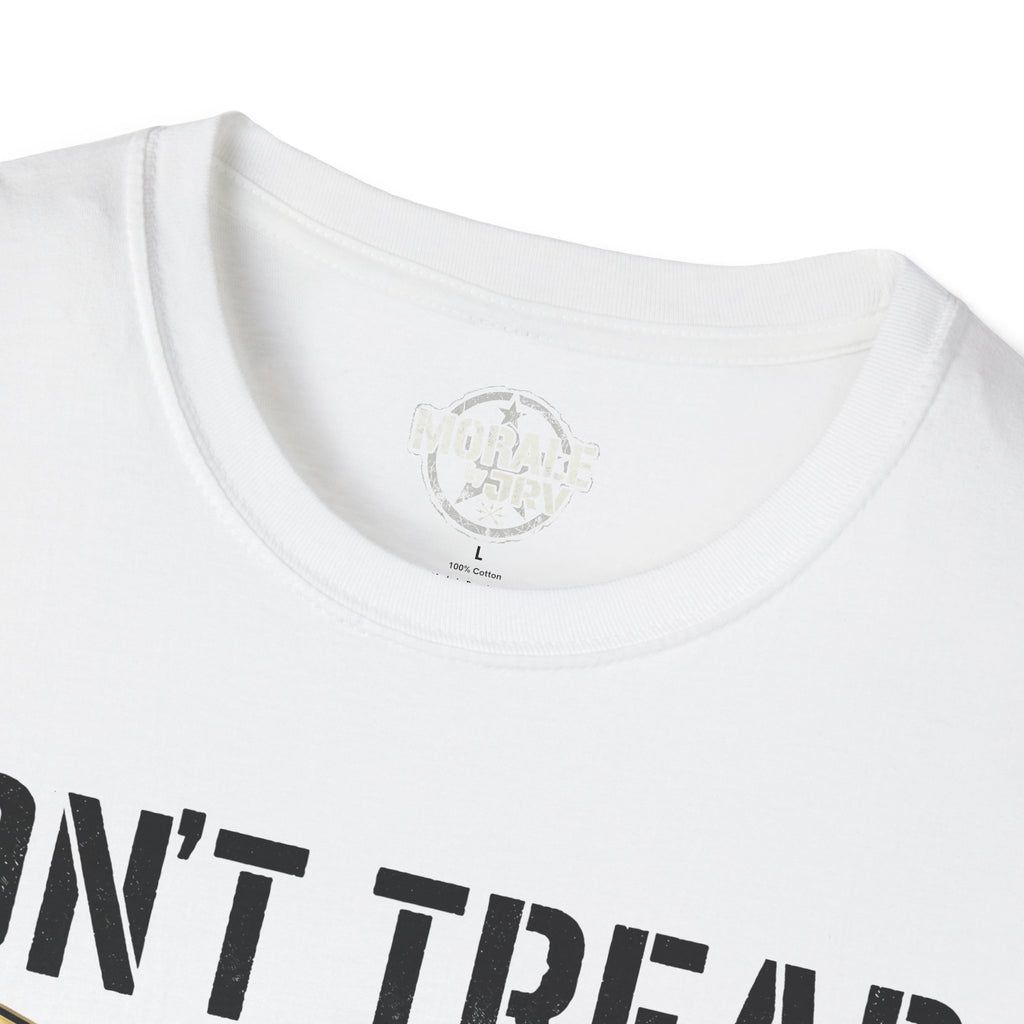 White crew-neck T-shirt collar with brand logo and 100% cotton label
