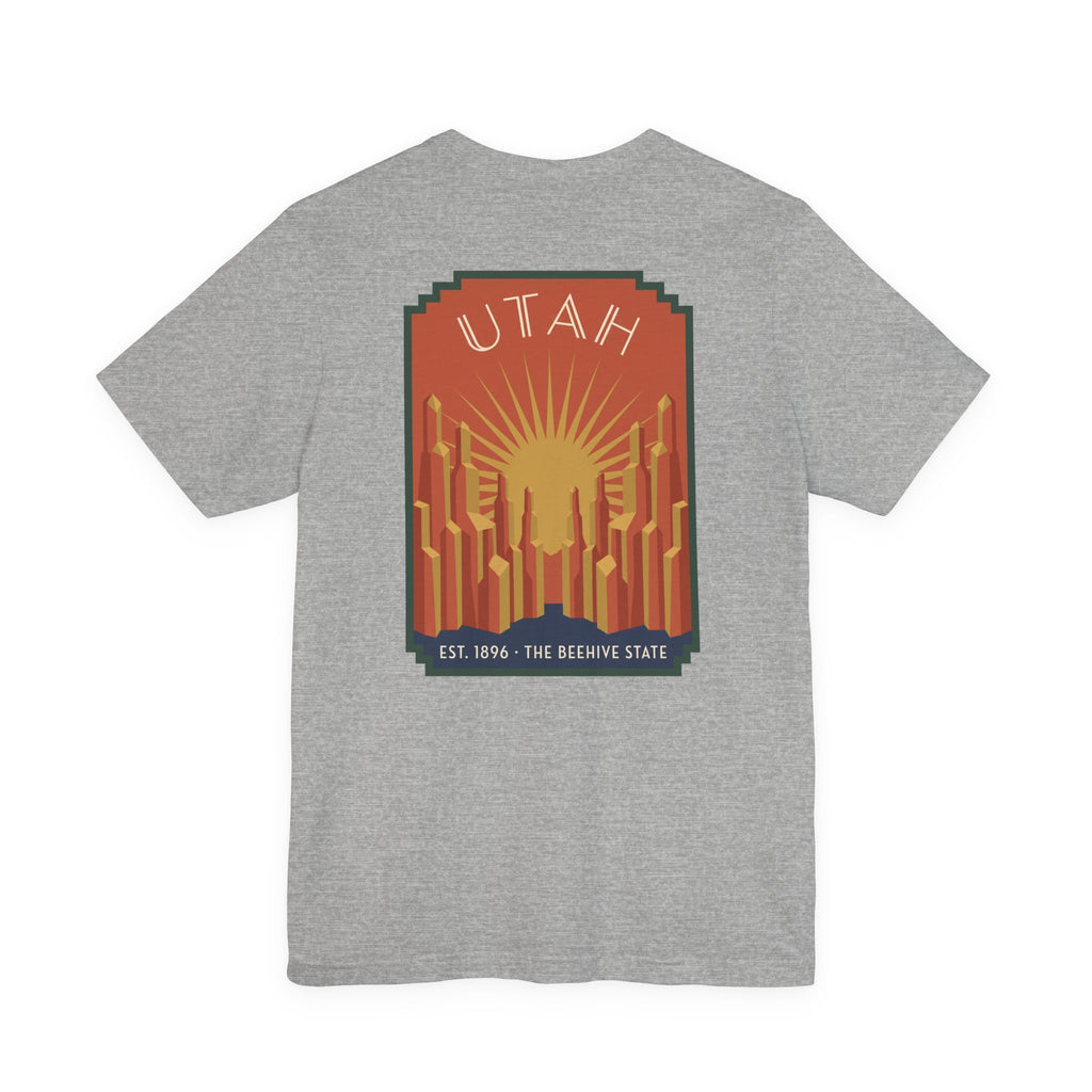 Heather gray T-shirt with Utah sunrise art deco square graphic, UTAH text and skyline