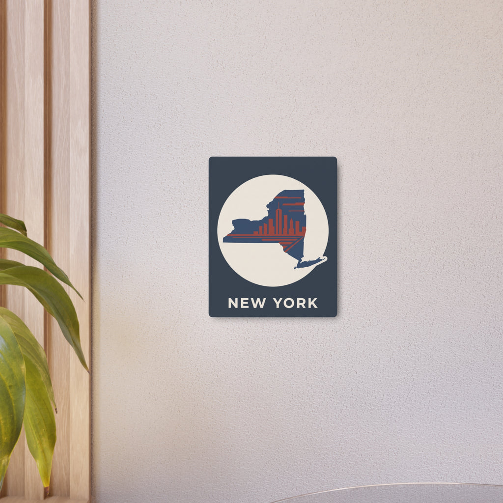 Small dark blue metal wall sign with circular New York skyline graphic and NEW YORK text