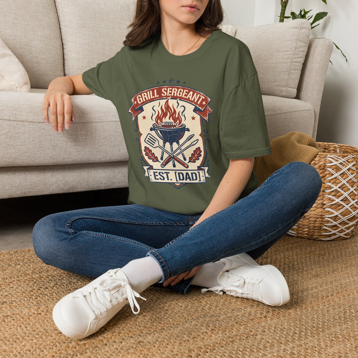 Olive green graphic T-shirt with vintage BBQ badge print