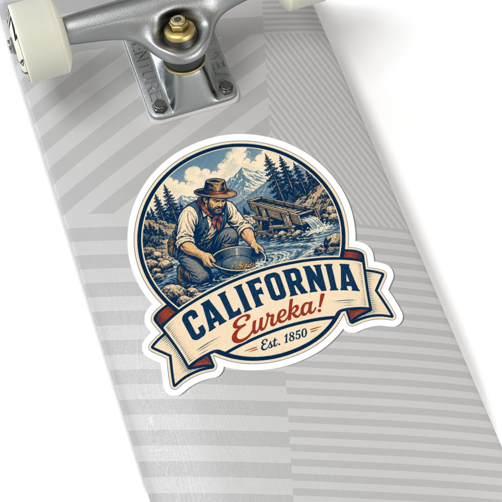 California Eureka! miner badge sticker on skateboard, blue scene with ribbon Est. 1850