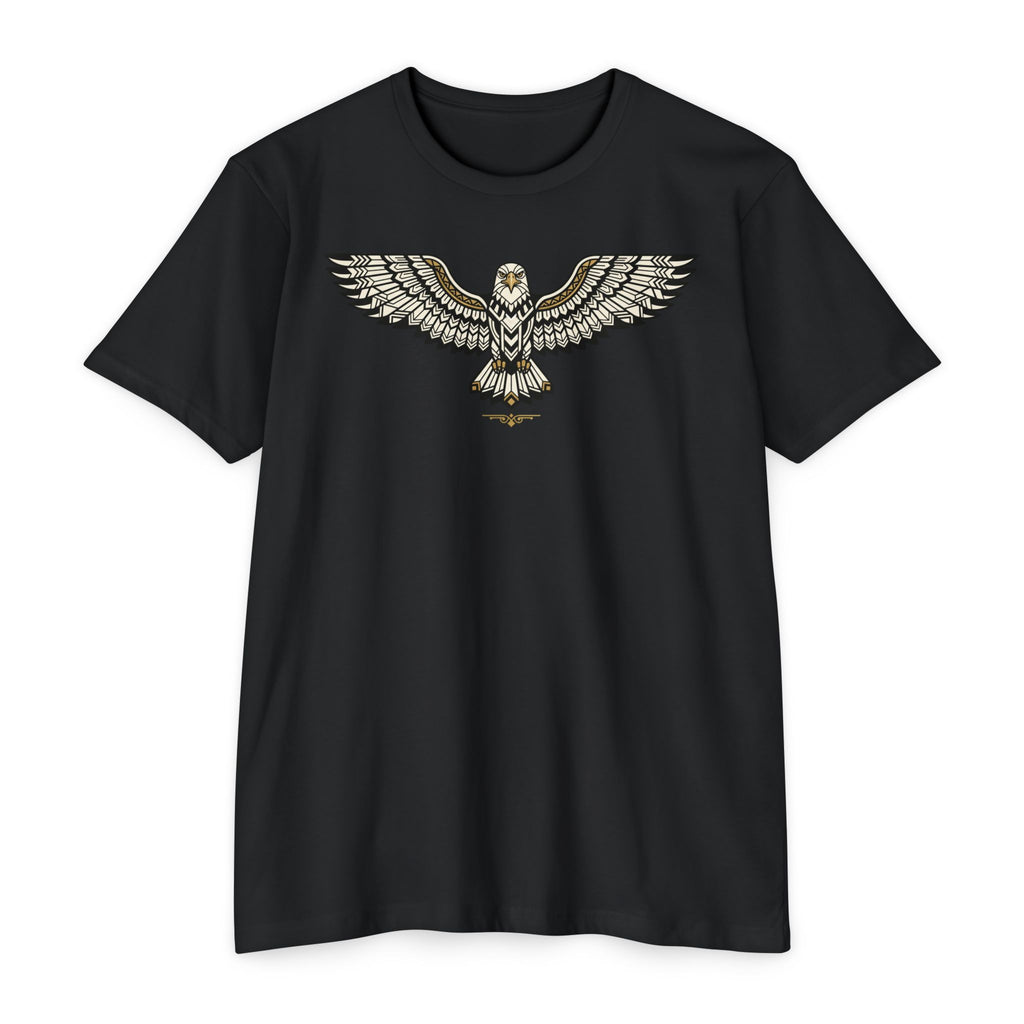 Black unisex t-shirt with soaring owl wing graphic on the chest