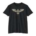 Black unisex t-shirt with soaring owl wing graphic on the chest