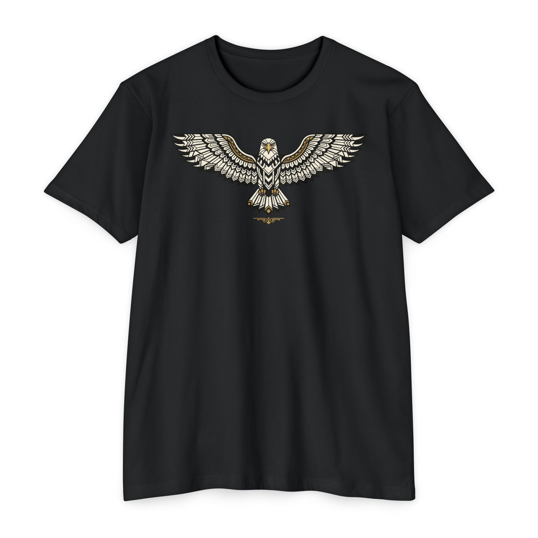 Black unisex t-shirt with soaring owl wing graphic on the chest