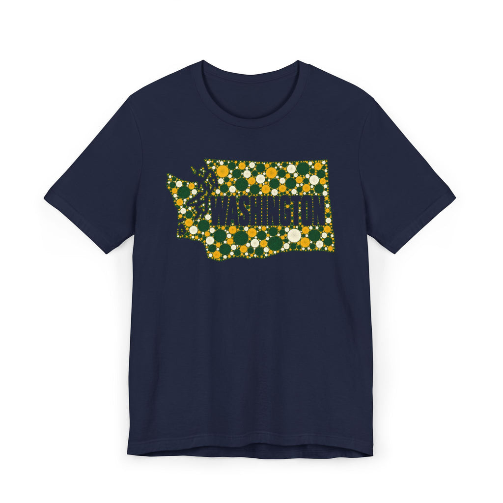 Navy crewneck T-shirt with Washington floral dot outline graphic in green and gold