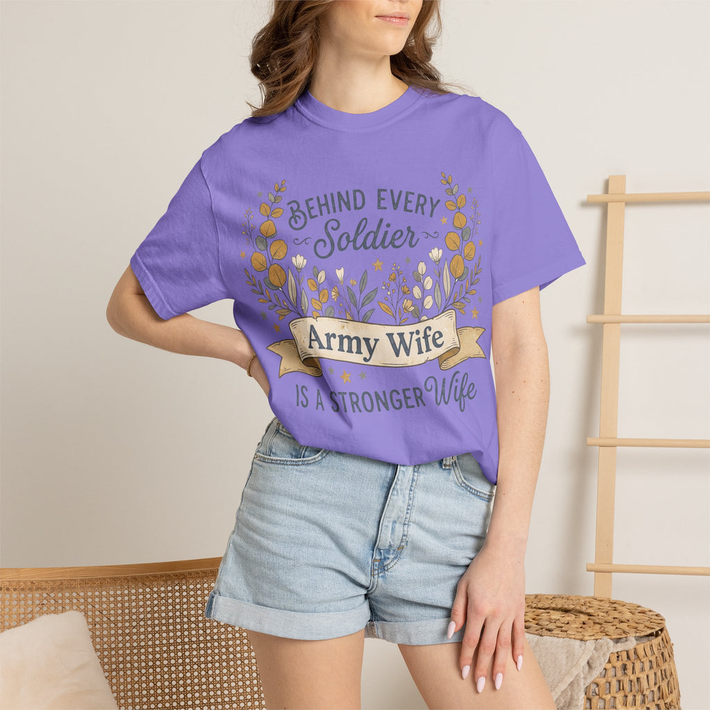Purple crewneck T-shirt with floral 'Army Wife' and 'Stronger' text