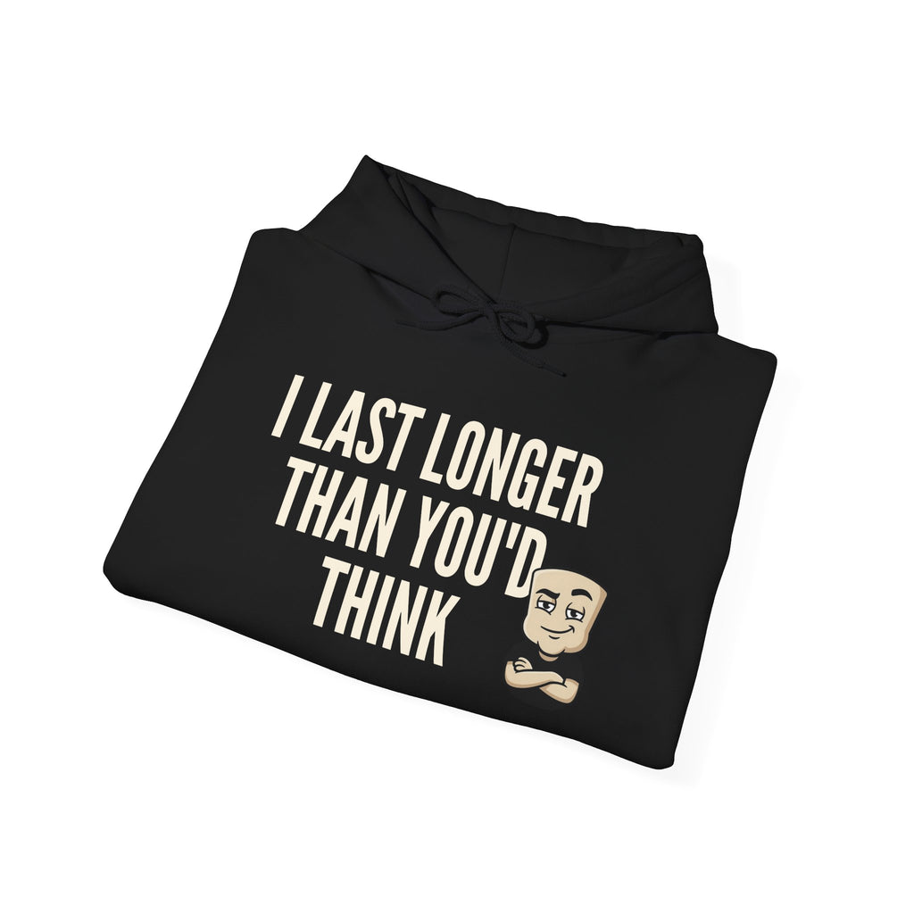 Black hoodie with front graphic text and cartoon bearded face, drawstring hood