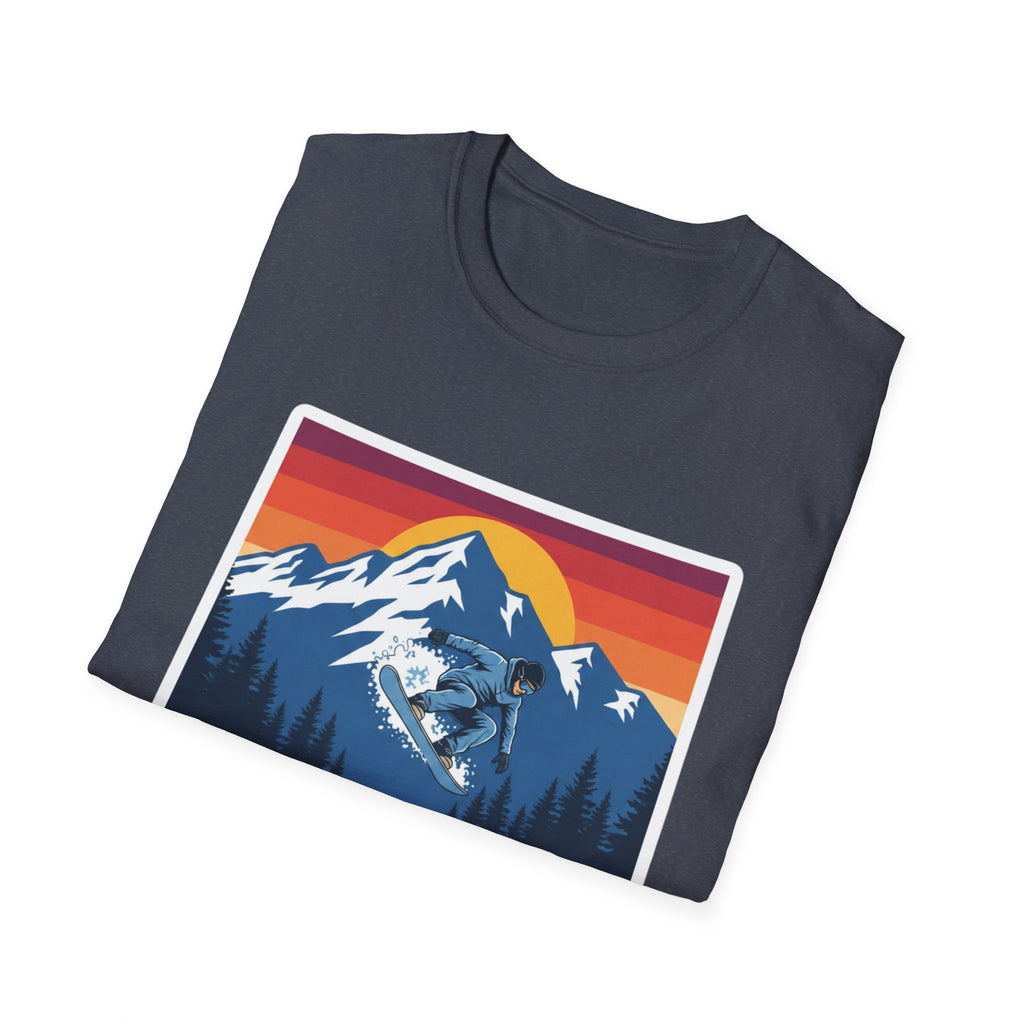 Heather dark blue T-shirt with mountain sunset graphic on the front