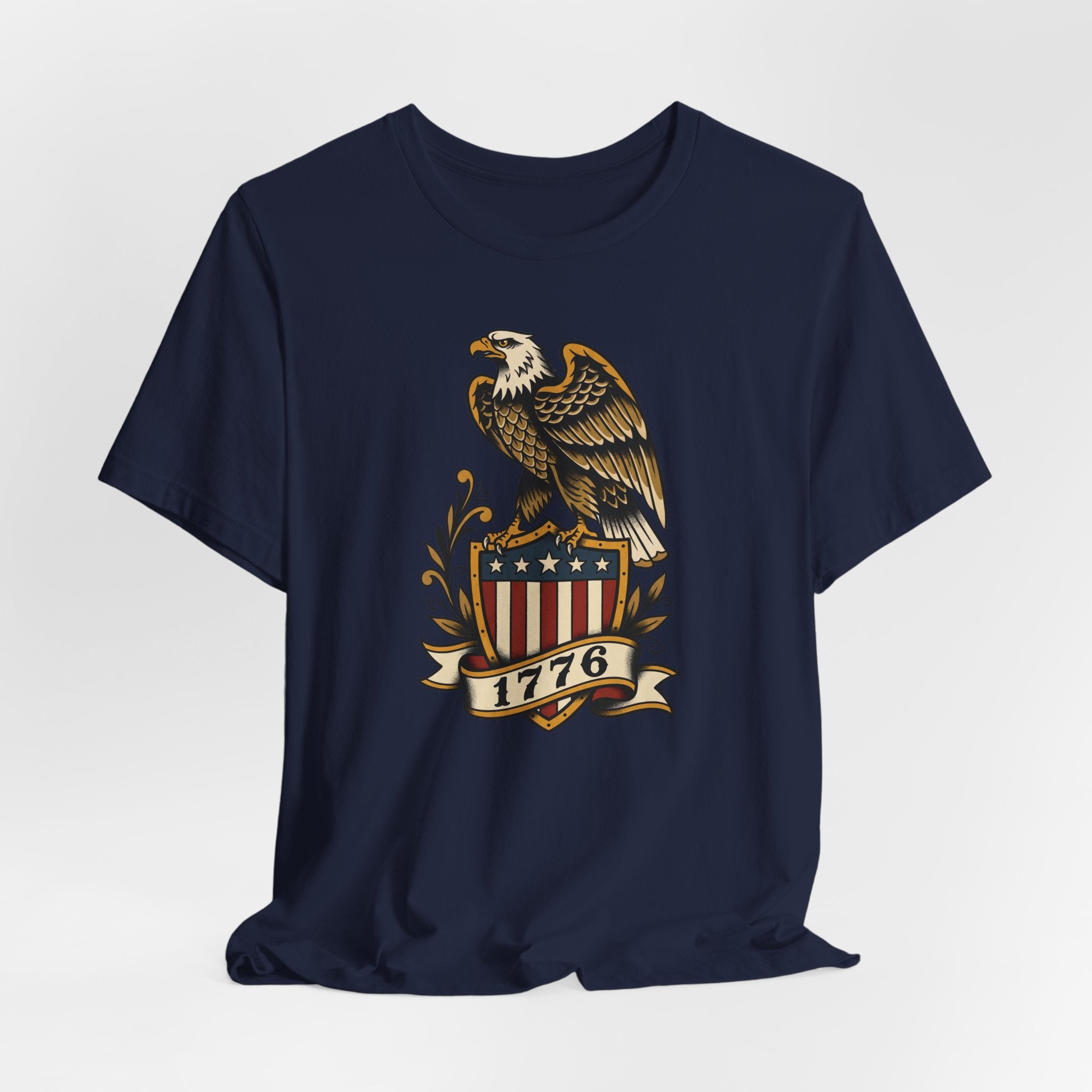 Navy crewneck T-shirt with eagle, stars, and 1776 shield graphic