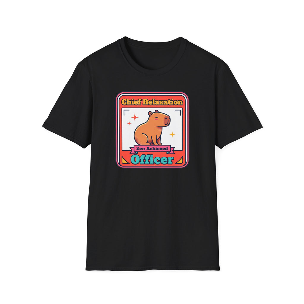 Black crew-neck T-shirt with framed capybara “Chief Relaxation” logo on front.