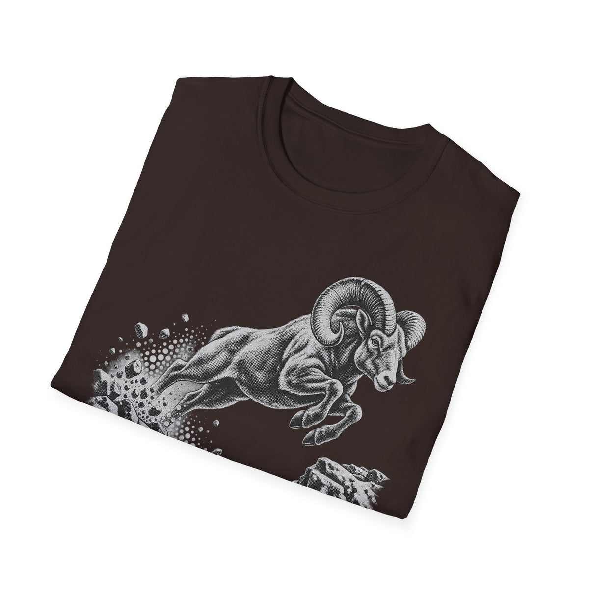 Black crewneck t-shirt with bighorn sheep running graphic and splash details
