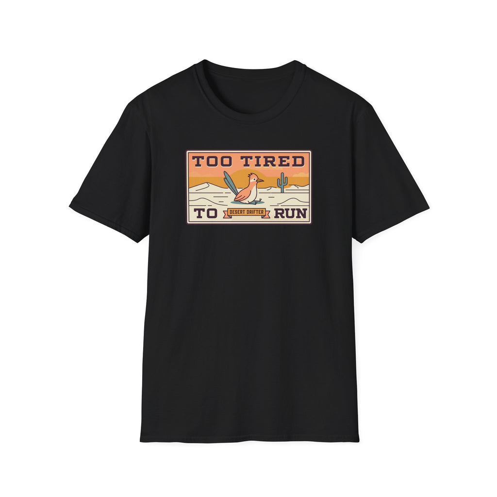 Black crew-neck T-shirt with desert road runner graphic on chest