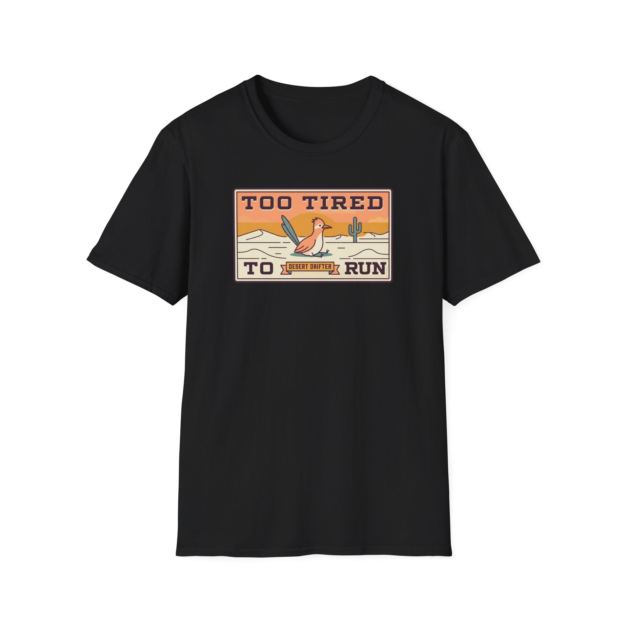Black crew-neck T-shirt with desert road runner graphic on chest