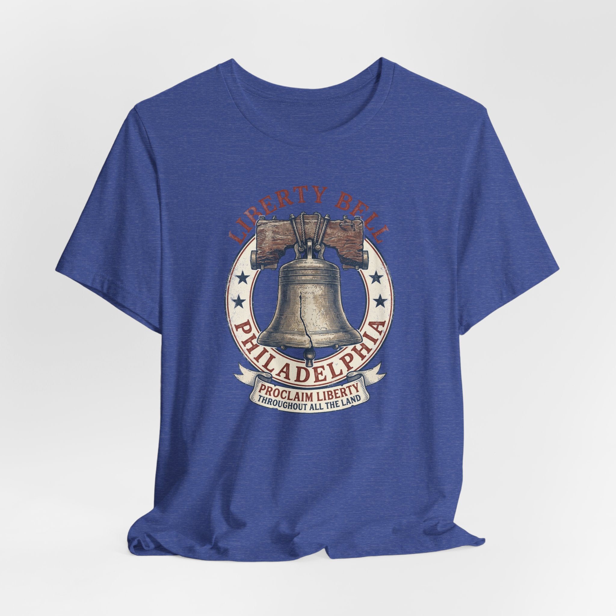 Blue T-shirt with Liberty Bell Philadelphia graphic on the chest.