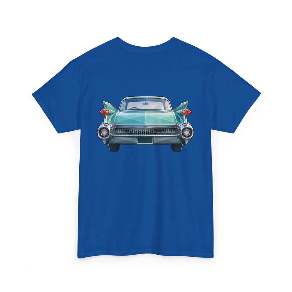 Royal blue crew neck T-shirt with centered vintage car illustration