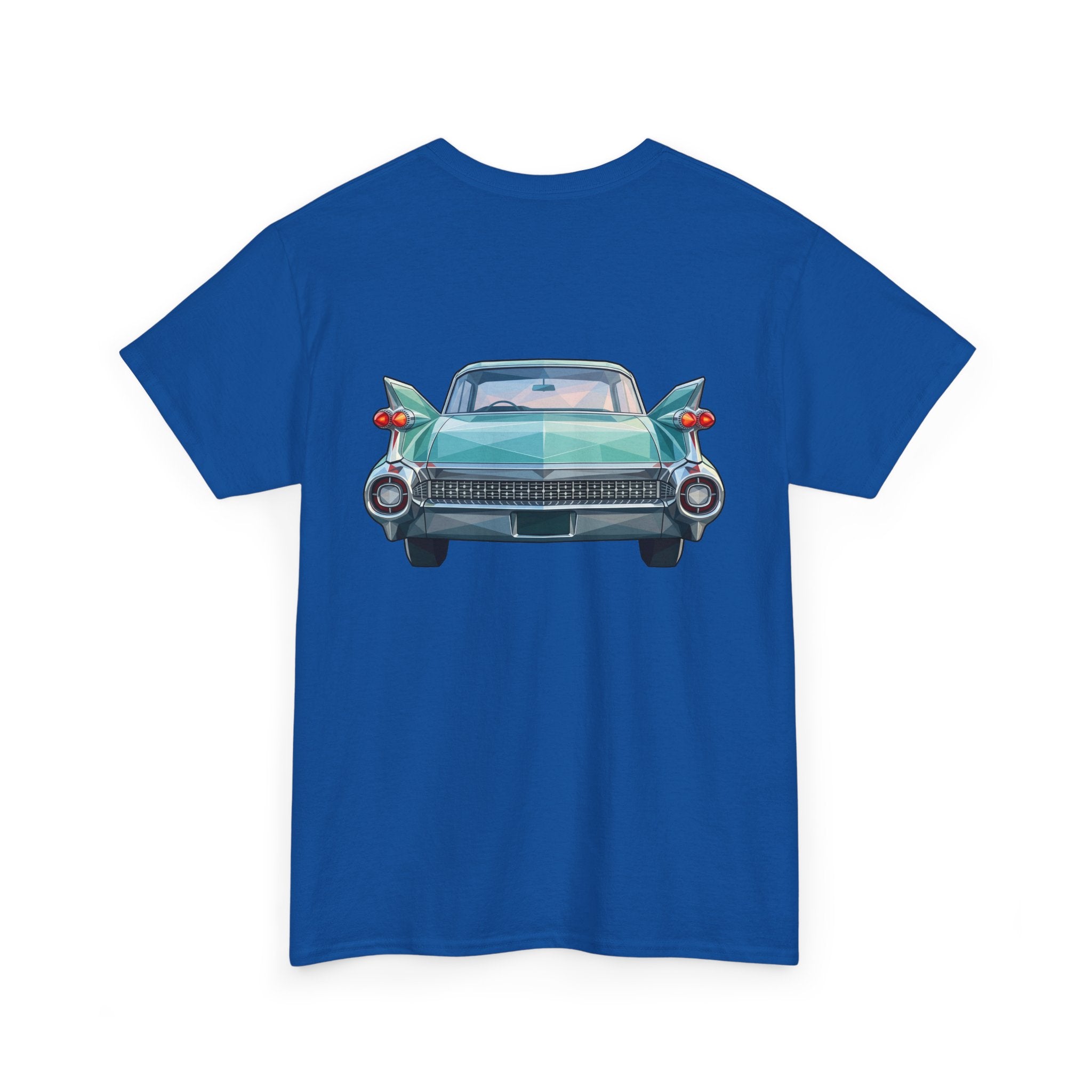 Royal blue crew neck T-shirt with centered vintage car illustration