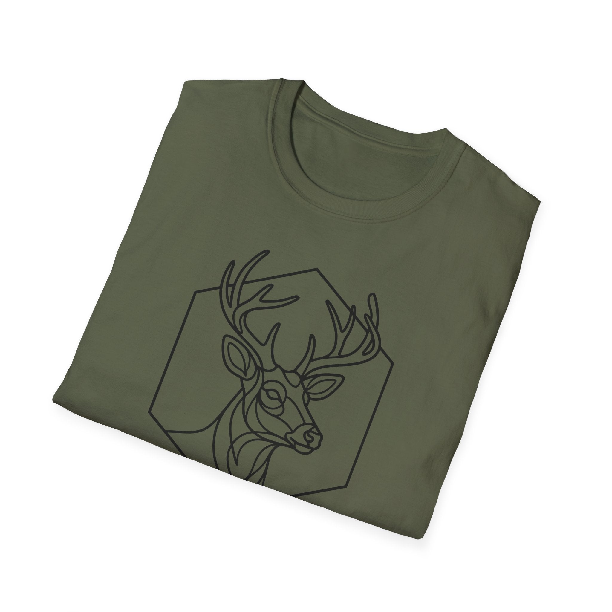 Military green deer t-shirt with outlined stag head graphic inside hexagon badge