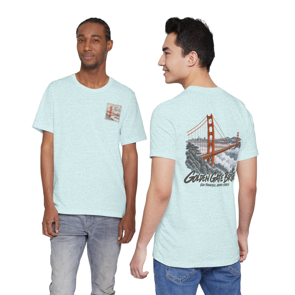 Light blue graphic tee with small chest emblem and Golden Gate Bridge back print